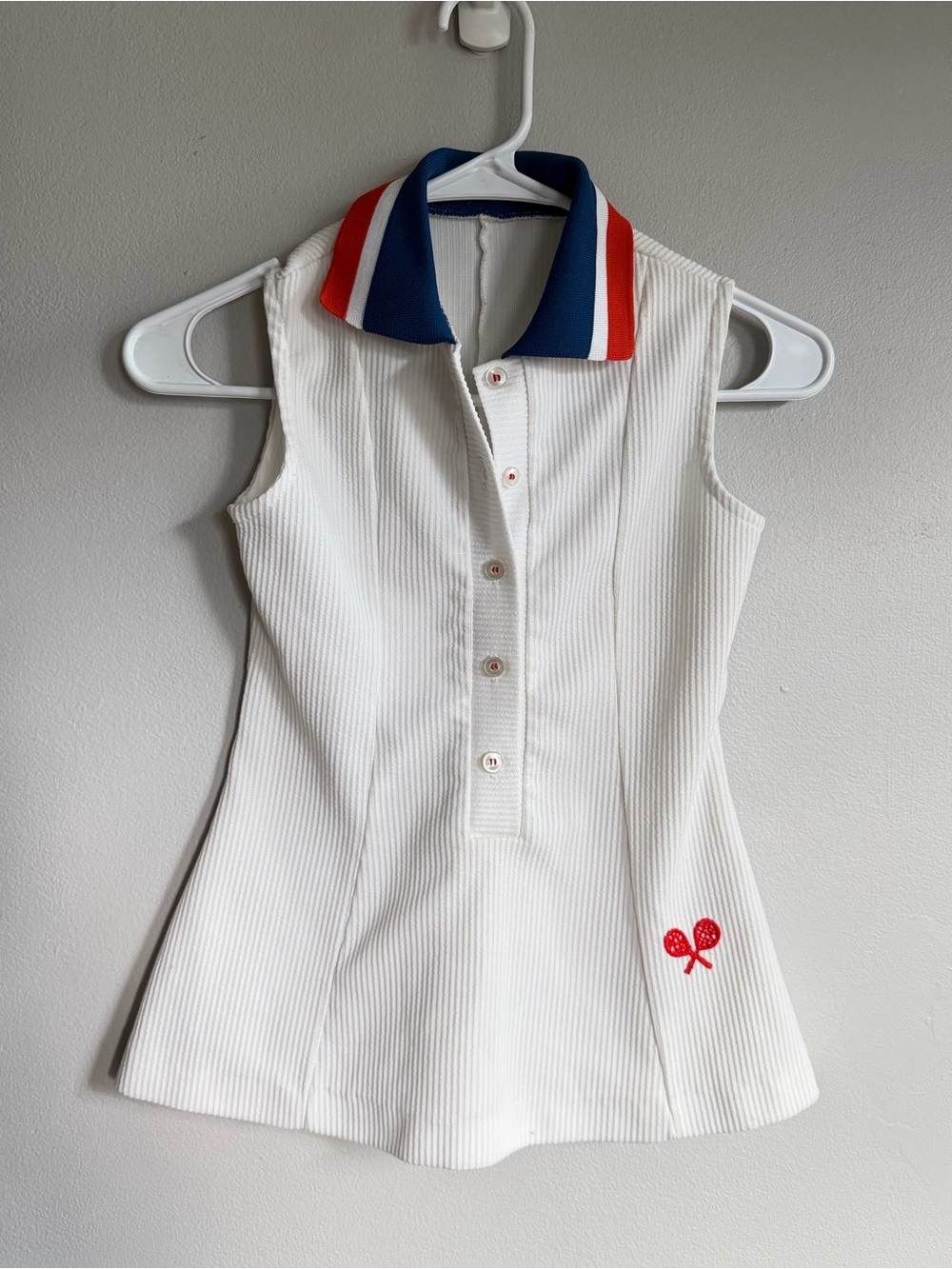 Vintage 70s Tennis Polo Sleeveless Peplum Tank Top White Red Blue Collar XS